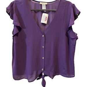 G&D Women’s Sheer Purple Ruffle Sleeve V-Neck Button Top Dressy Blouse NWT